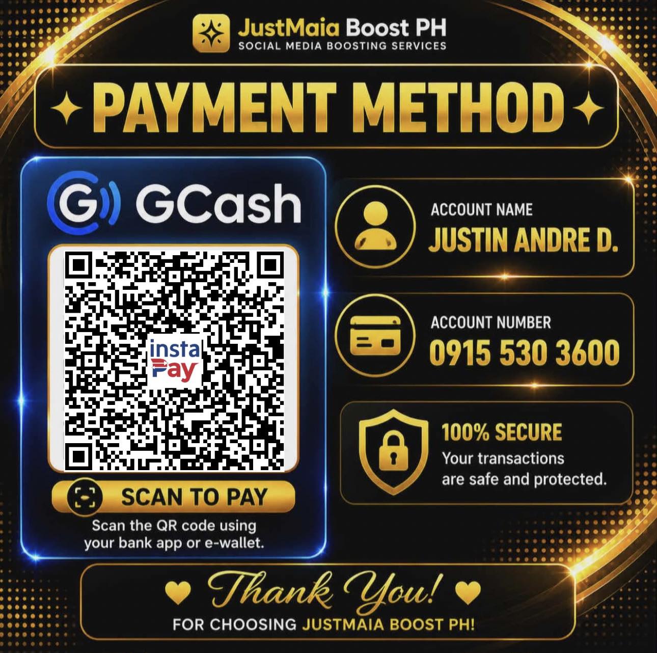 GCash payment โ Justin Andre D. โ 0915 530 3600 with QR code