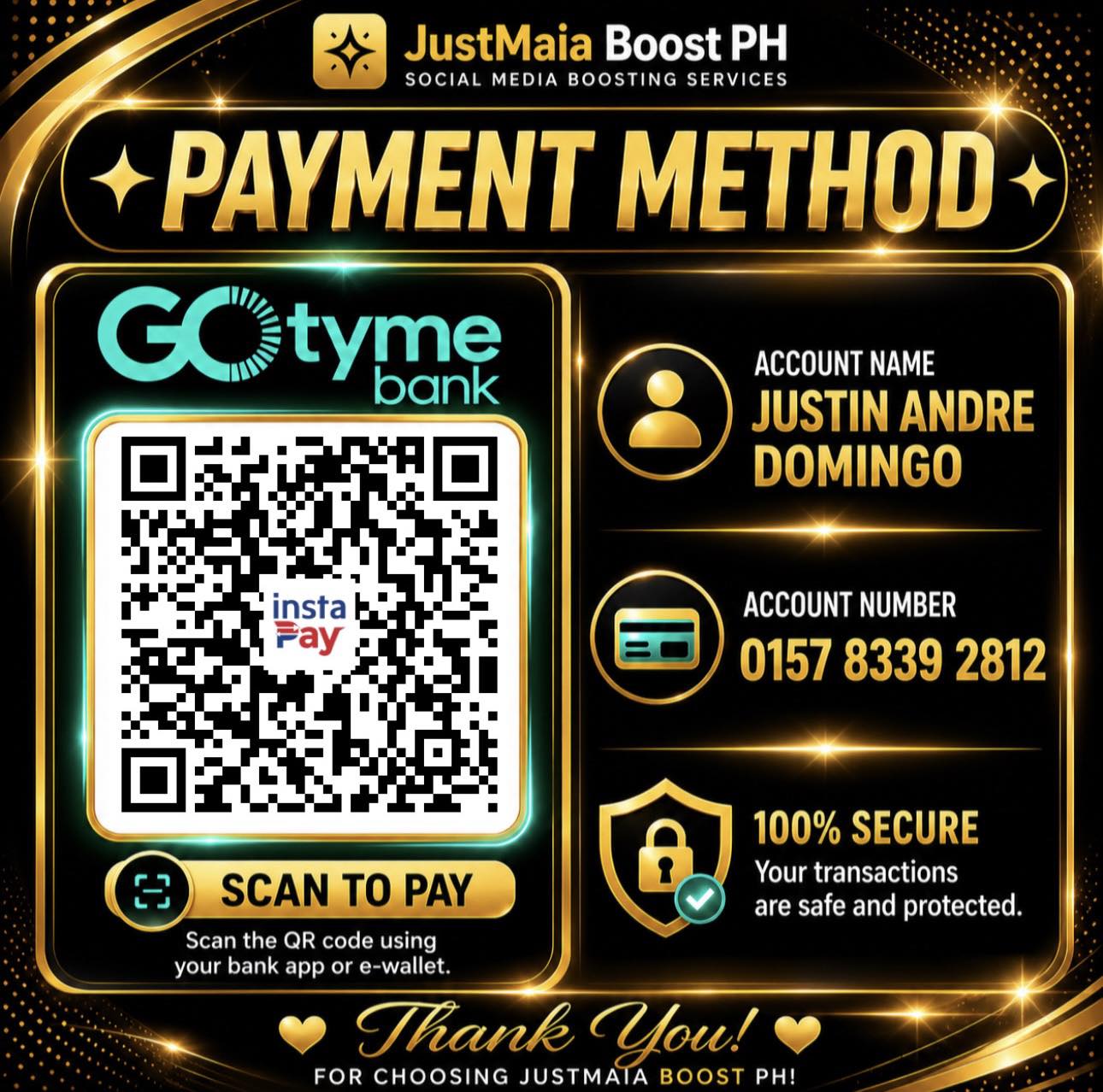 GoTyme Bank payment โ Justin Andre Domingo โ 0157 8339 2812 with QR code