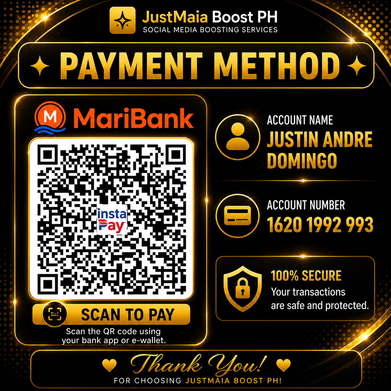 MariBank payment โ Justin Andre Domingo โ 1620 1992 993 with QR code